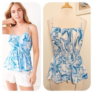 Nine West Pleated Cami Tank Top Blue Marble Wave Print Small